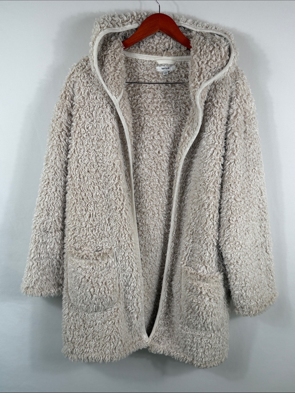 Kensie Cream Open-Front Hooded Teddy Long Cardigan. Women’s Size L/XL. Soft!